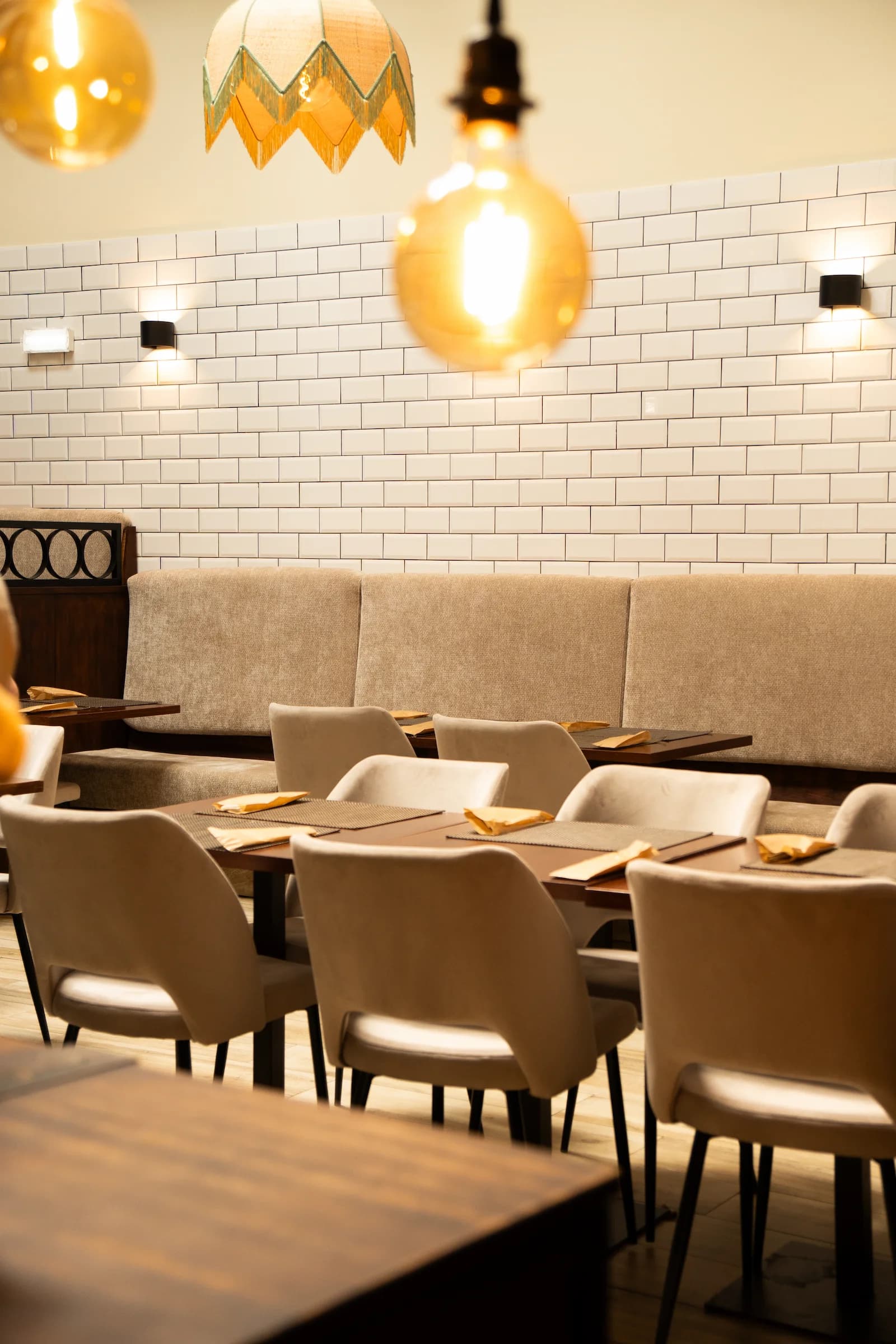 Dining room with handmade pendant lamps